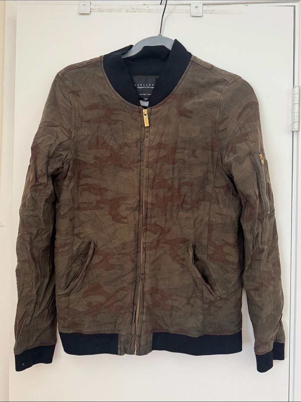 Sanctuary Olive & Brown Camo Zip Bomber Jacket
